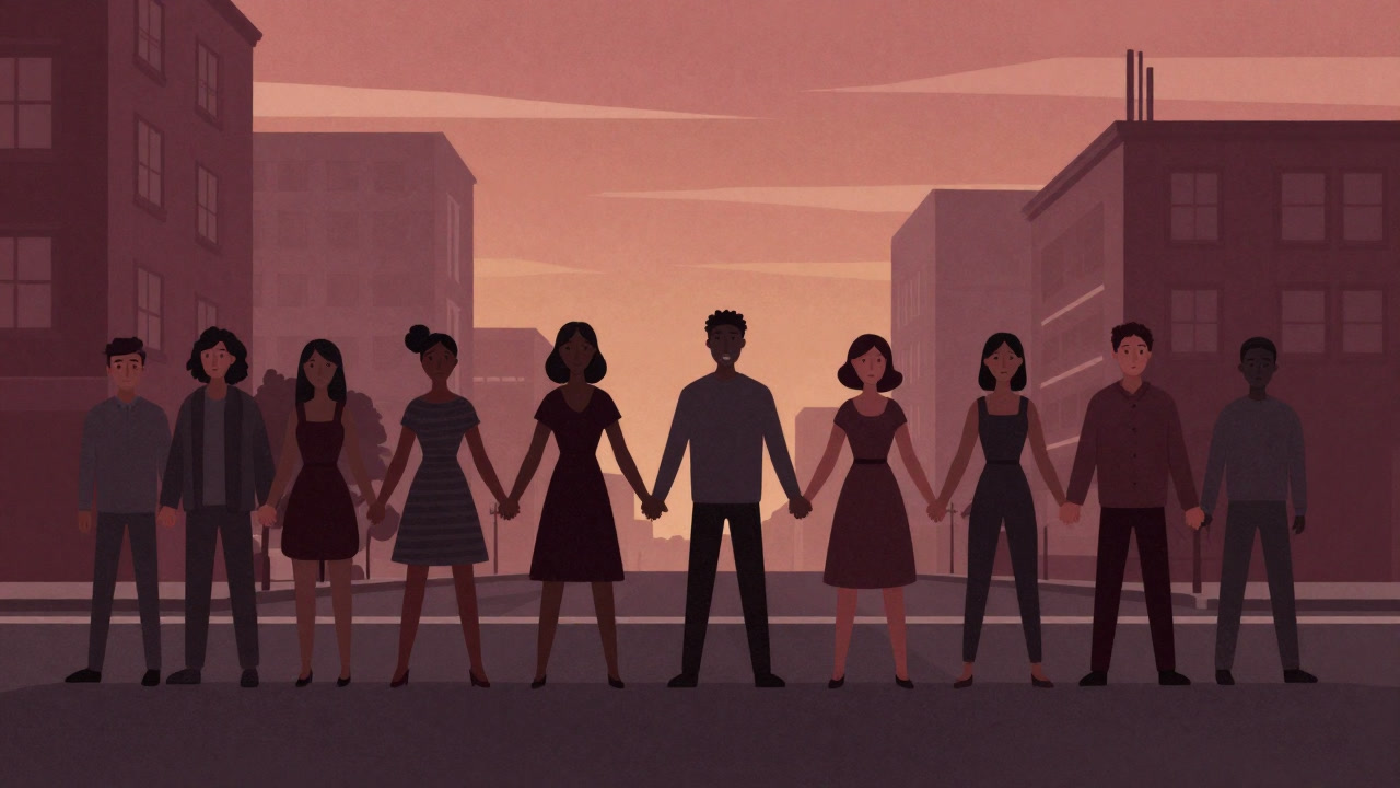 Image of a diverse group of people forming a human chain at sunset on a city street