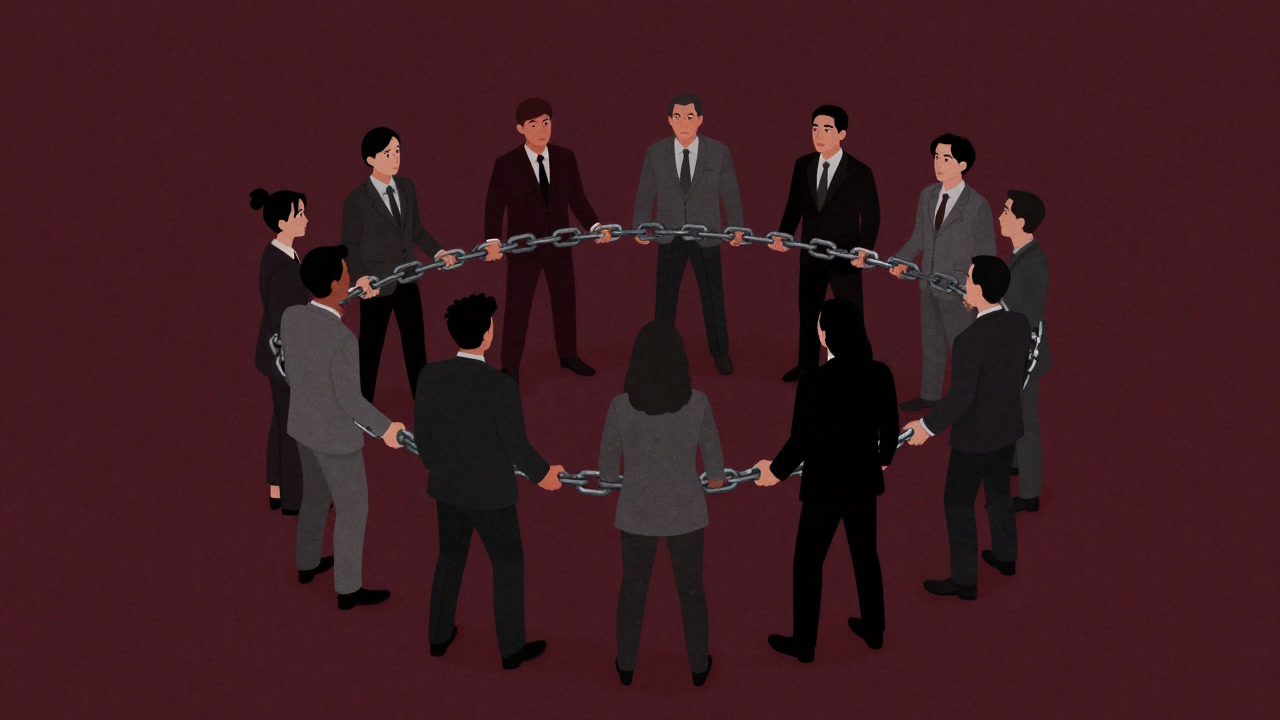 Illustration of people linking hands with heavy chains, facing each other with awkward expressions.