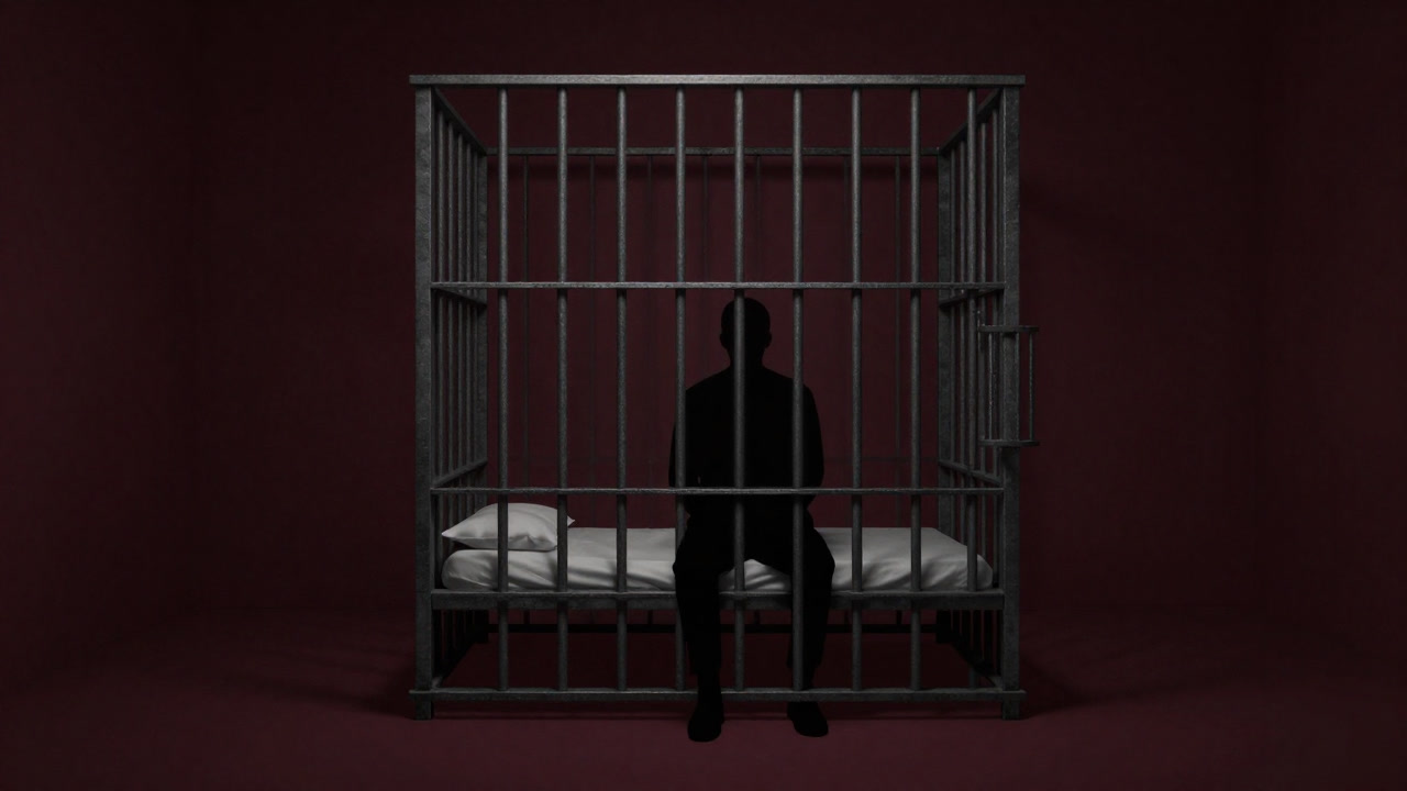 金属格子に囲まれた小さな部屋で孤独に座る人のシルエット