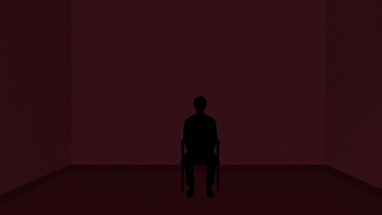 薄暗い部屋の中央にぽつんと置かれた椅子に座り、背中を向ける人物のシルエット