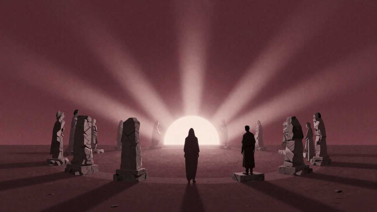 An ancient stone circle altar bathed in mystical solstitial light