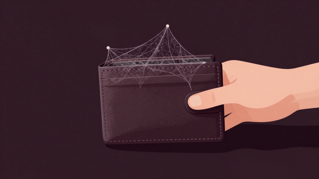Illustration of a hand holding an empty wallet covered in cobwebs