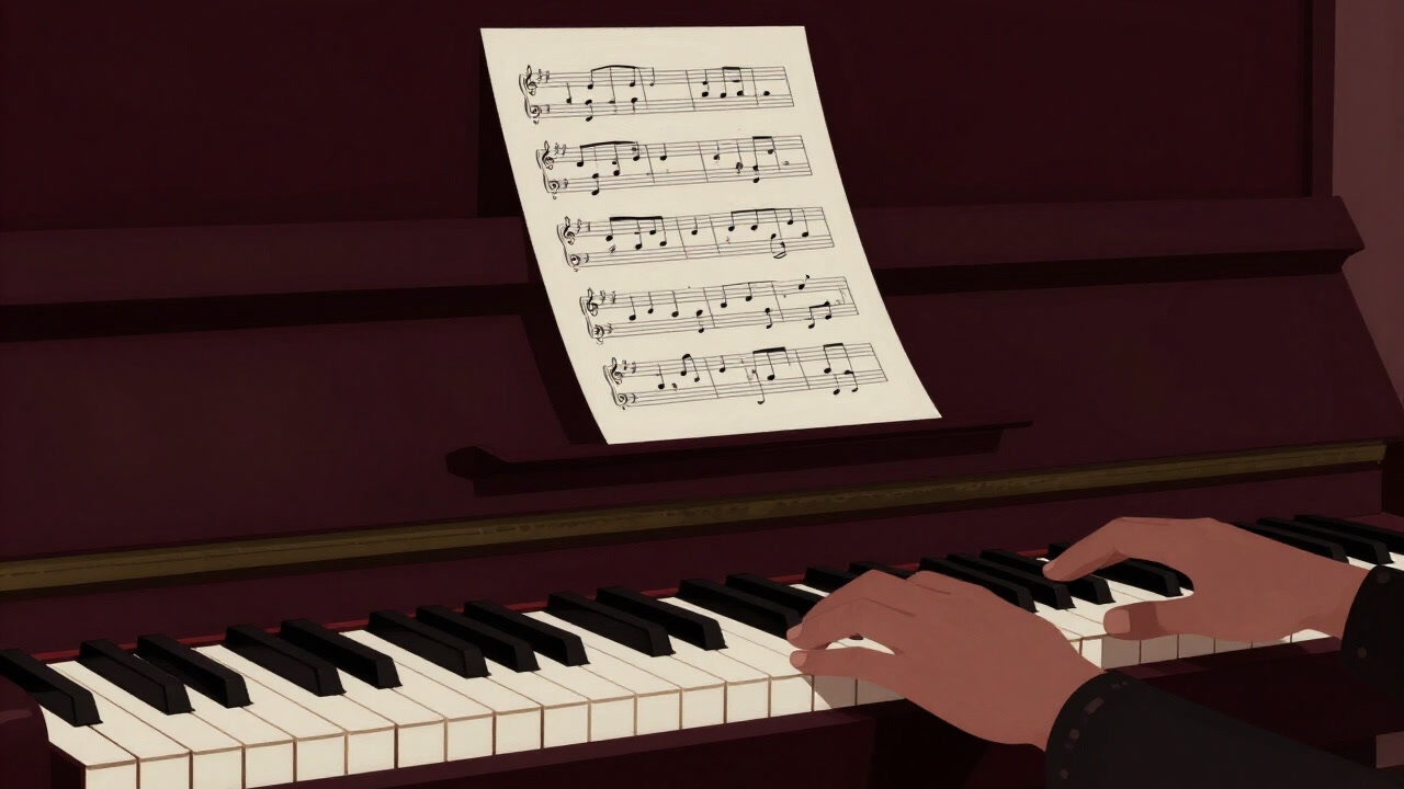 Silhouette of hands on a keyboard in darkness and sheet music swaying in the distance