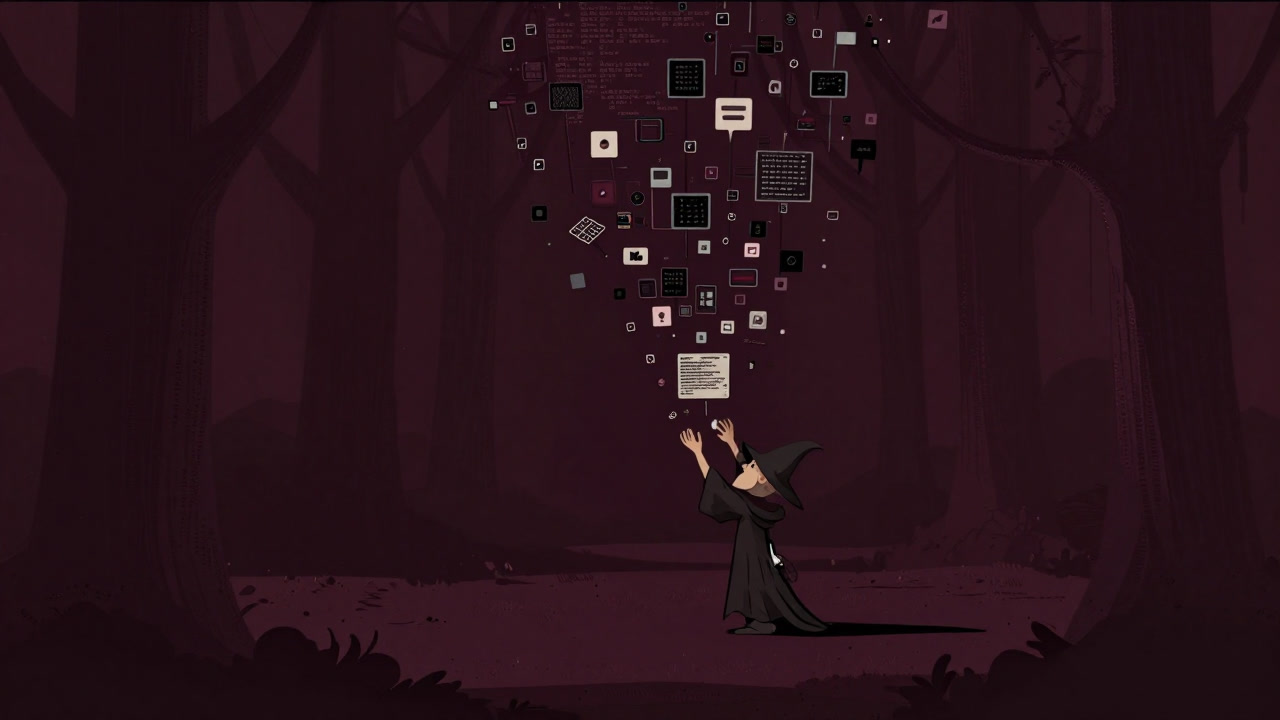 Image of a small wizard-like figure emerging from a tangled forest of code, aligning data elements under its wand