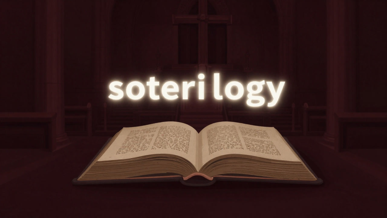 In a dimly lit chapel, an ancient Bible opens, with the words 'soteriology' glowing eerily.