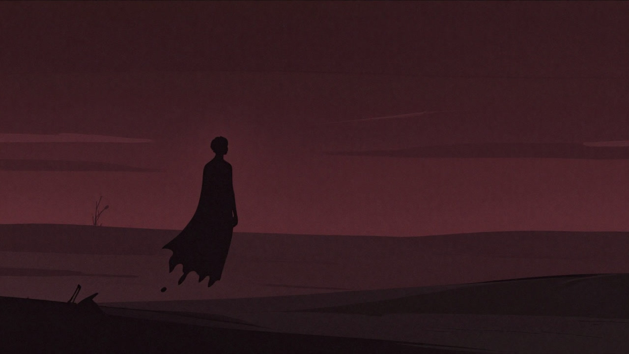 夕暮れの荒野を漂うエーテル状の人影が、腰を据えて遠くを見つめる幽玄な魂のイメージ