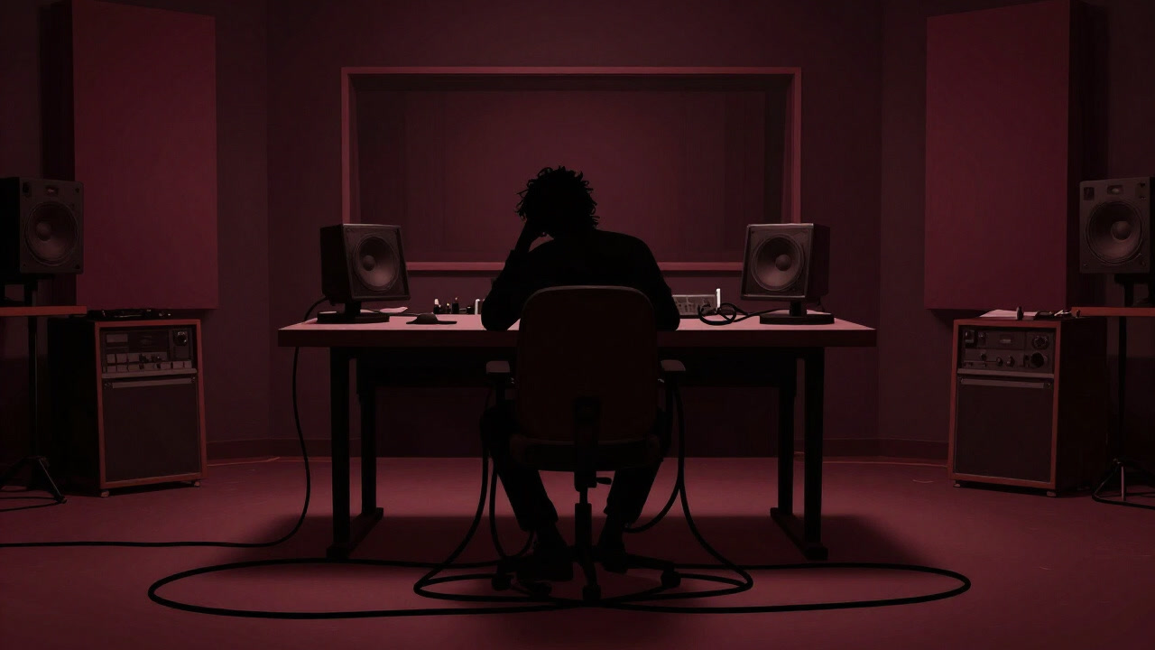 古い録音スタジオでケーブルに囲まれ疲れ果てたサウンドデザイナーのシルエット