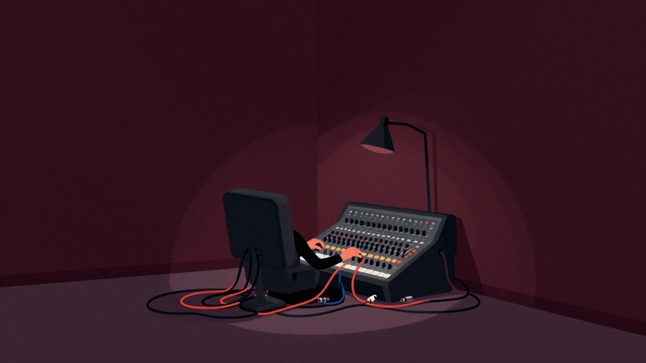 Silhouette of a sound engineer buried in cables, staring at a mixing console in a dim venue corner
