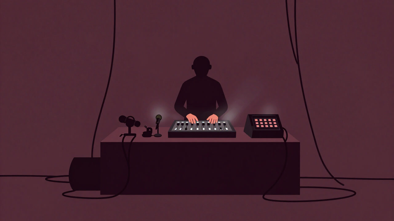 ステージ上のミキサーとマイクを前に、フェーダーを慎重に操作する技師の後ろ姿