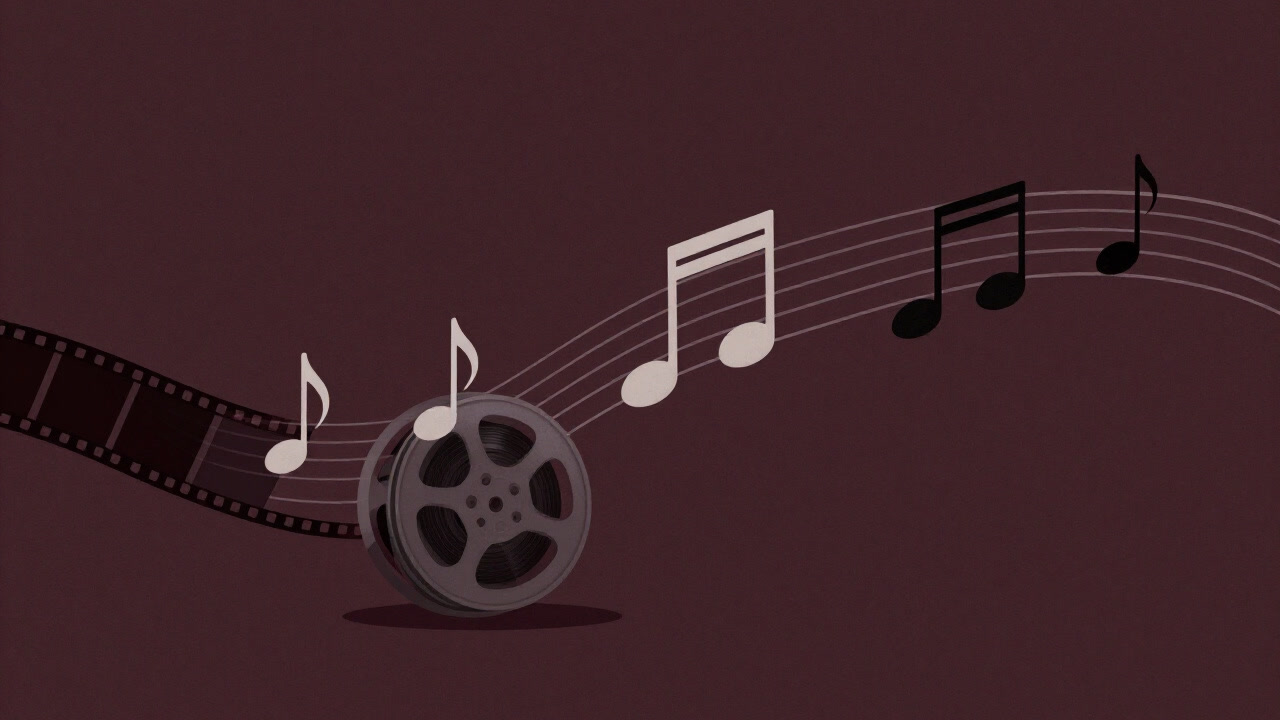 An image of musical notes dancing overlayed on a cinematic scene to represent a soundtrack.