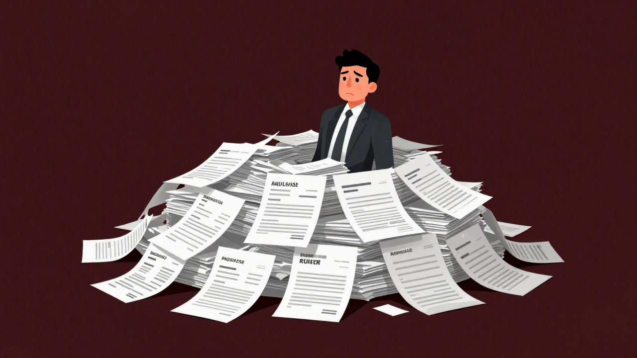 無数の履歴書が積み上げられ、頭を抱えた人事担当者が沈む様子を捉えたイラスト