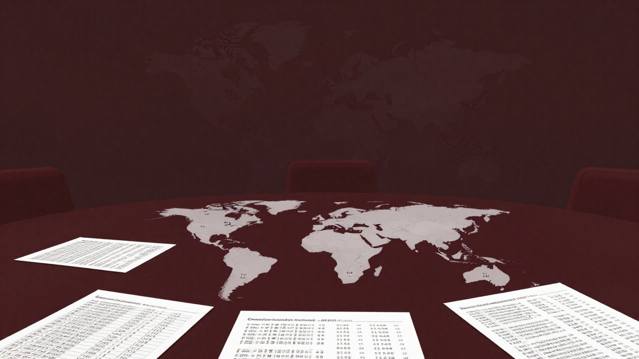 An image showing spreadsheets on a conference table with price tags placed over a world map.