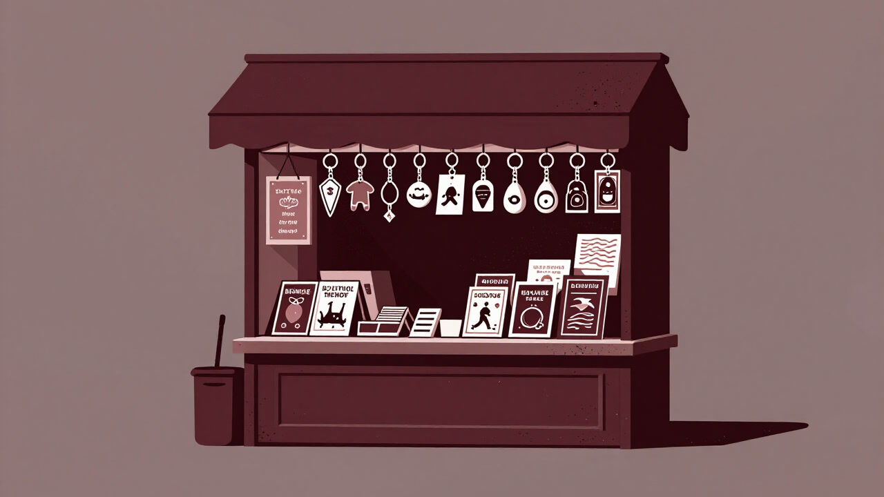観光地の一角で無数のキーホルダーとマグネットが鈴なりになった土産物店の店先。