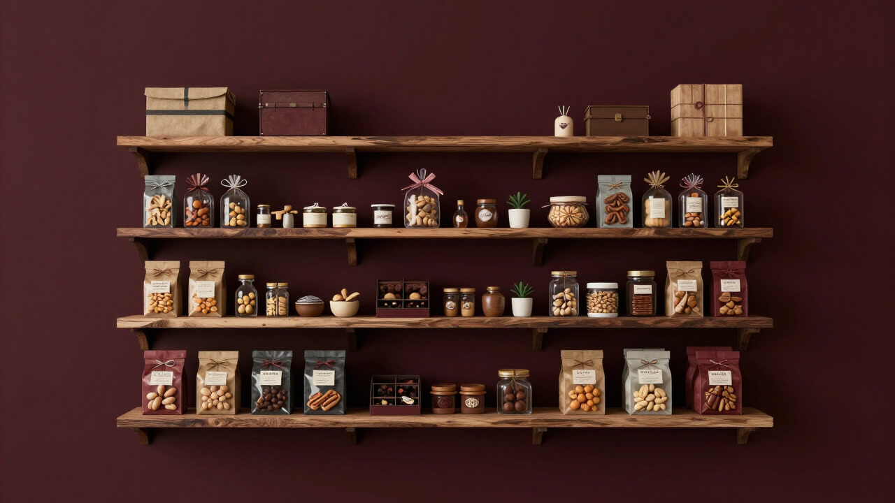 旅先の土産物屋の棚に並ぶ、土臭い包装紙に包まれた土産たちの画像