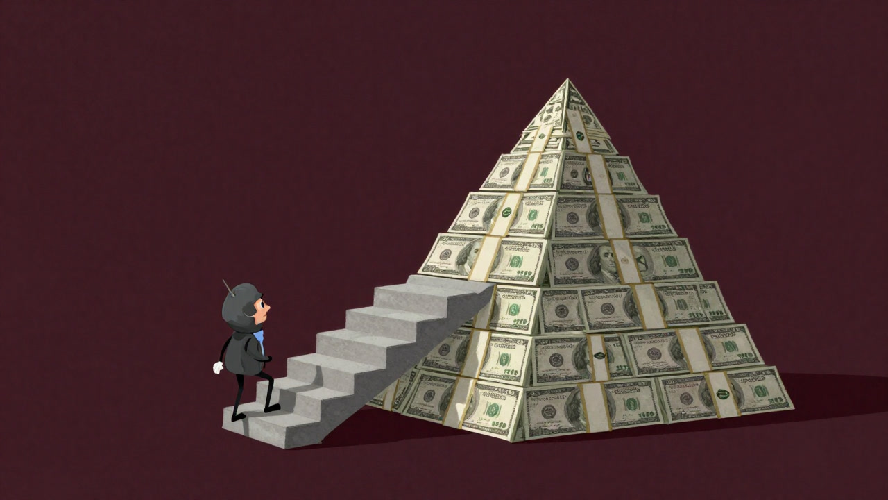紙幣でできたピラミッドに登ろうと必死に階段を登る小さな国家のイラスト