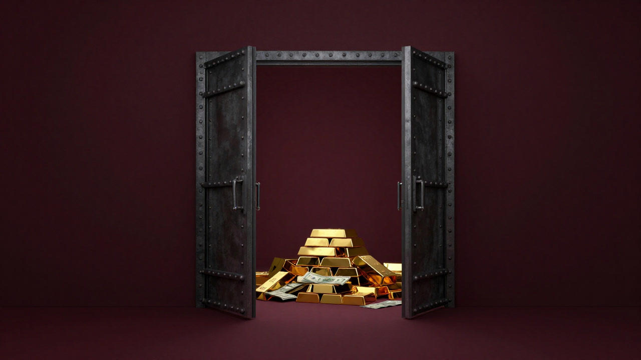 Image of a massive vault door opening to reveal countless gold bars quietly gleaming in darkness.