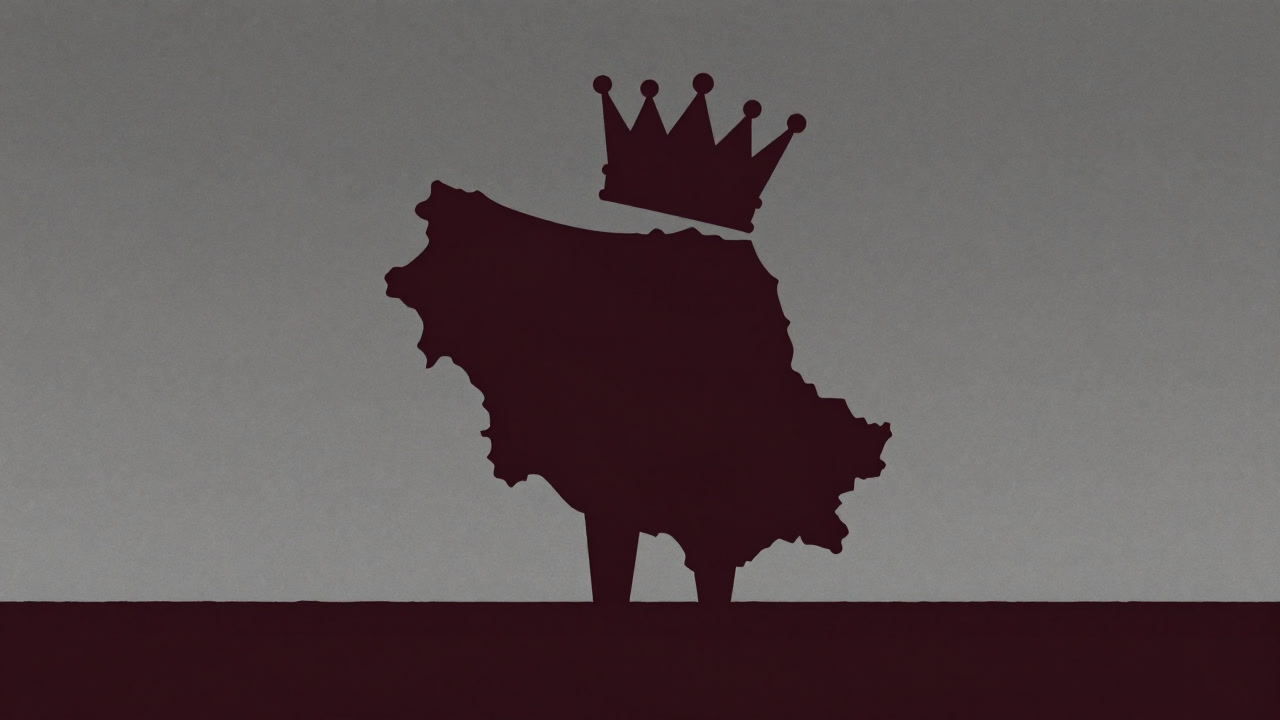 Silhouette of a lone country standing on the horizon, bearing a crown on its back