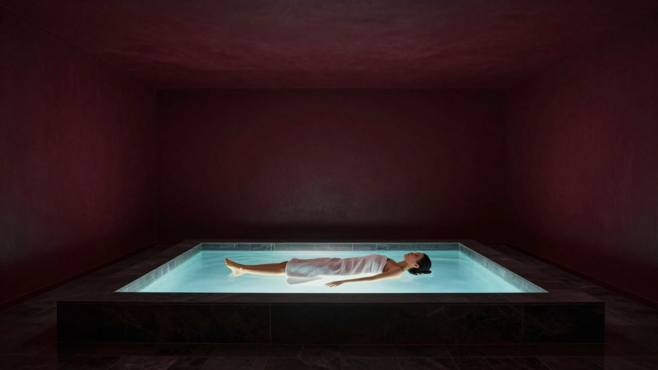 Image of a spa with luxurious lighting and a towel-wrapped figure relaxing in a glowing pool