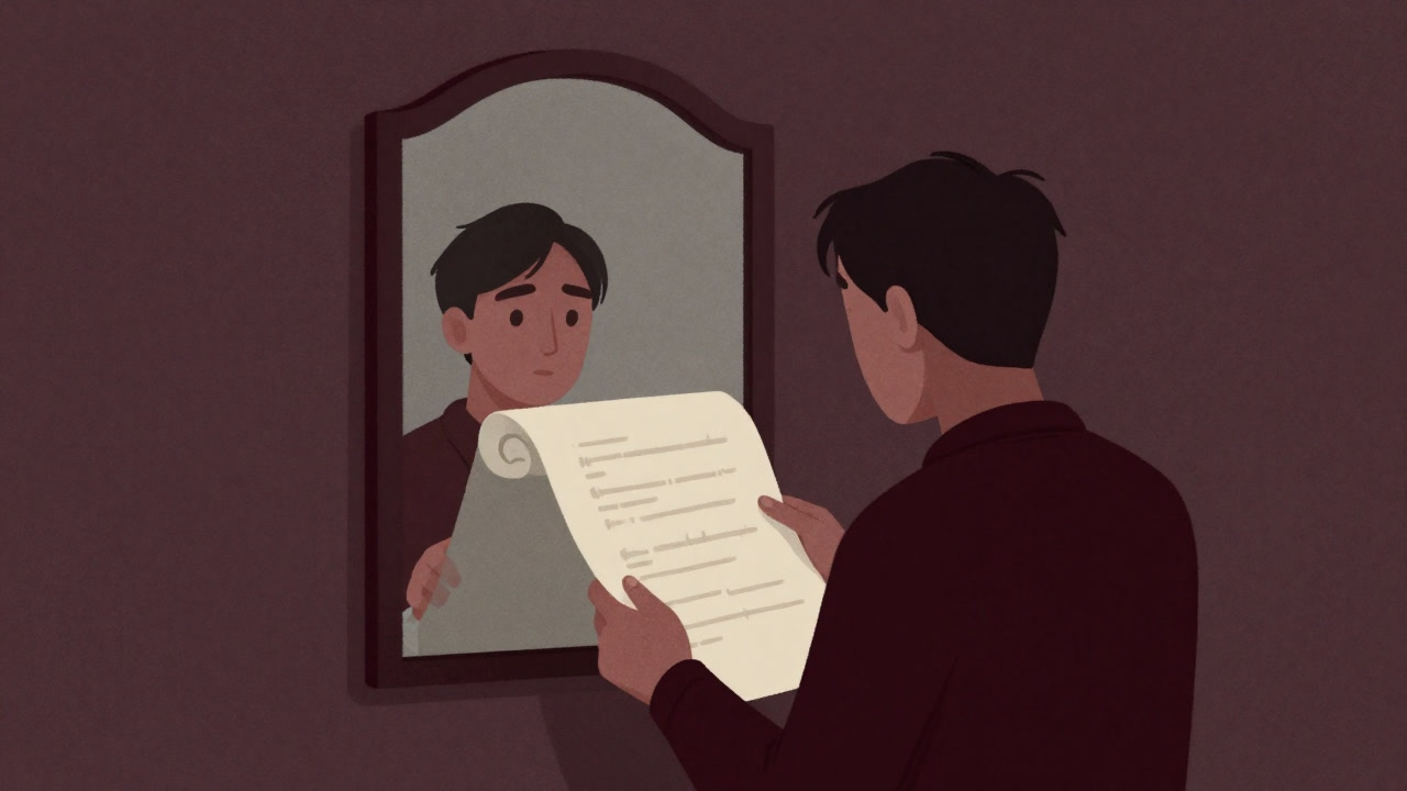 鏡の前で自分を見つめながら欠点リストを手にする人物のイラスト