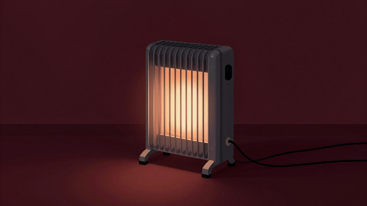 薄暗い部屋で赤々と光り、電気代の重圧を映す電気ヒーターの画像