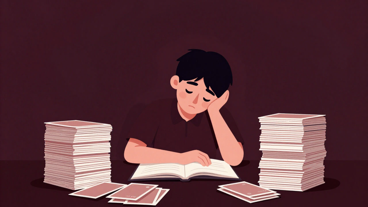 机の上で山積みのフラッシュカードに囲まれ、疲れ切った表情でうつろに見つめる学習者のイラスト