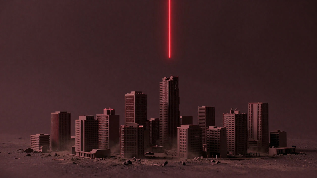 未完成の模型都市の中、一本の赤い線だけが浮かび上がるイメージ