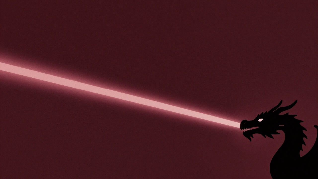 Silhouette of a CG dragon lurking in the corner of a screen amidst flashy explosions and light beams, subtly asserting its presence