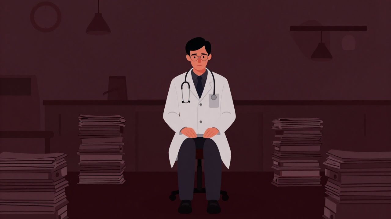 暗い診察室で白衣を着た専門医が無数のファイルに囲まれながら遠くを見るイラスト