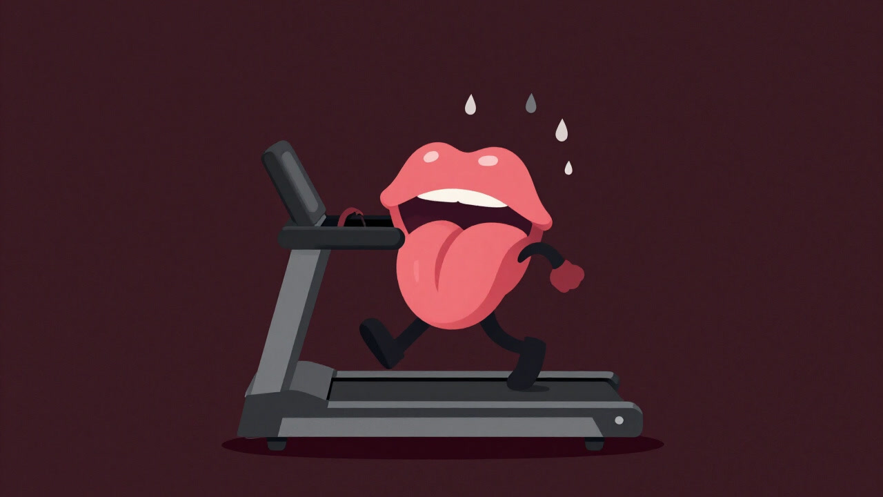 トレッドミルの上で必死に走らされる舌のコミカルなイラスト