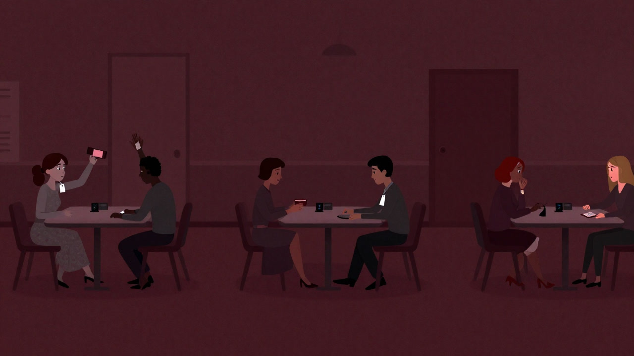 会場で次々と席を移動しながら緊張した表情で会話する男女のイラスト