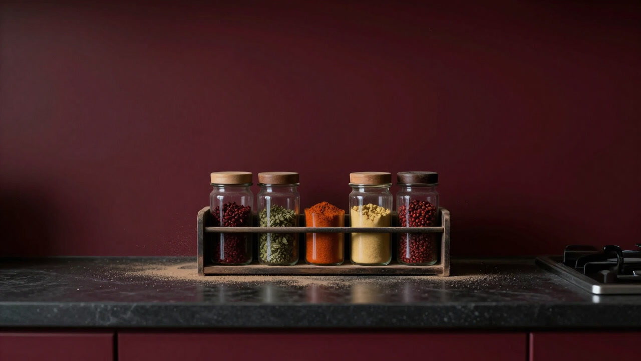 調味料の瓶が華やかに並ぶが、実際には埃をかぶったスパイスラック