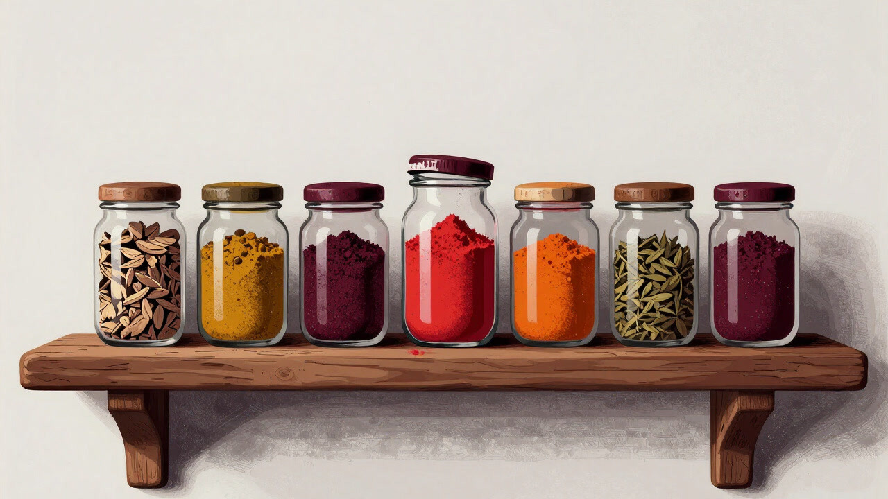 カラフルなスパイス瓶が棚に並び、そのうち一つだけキャップが外れているイラスト