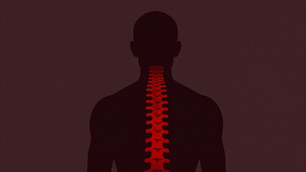 Illustration of a dark shadow over the back, with a single spine vertebra highlighted in red.