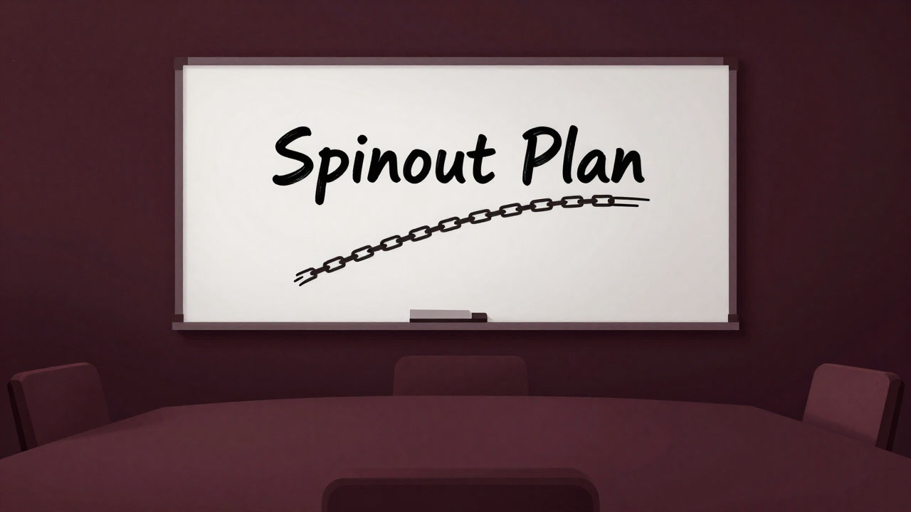 会議室で「スピンアウト計画」の名前だけが光り輝くホワイトボード