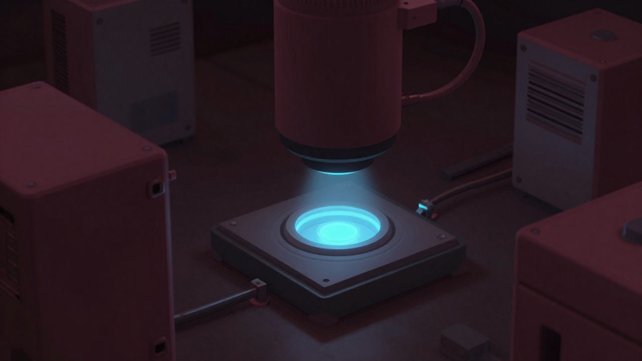 A sample stage glowing sullenly under intense cooling chillers