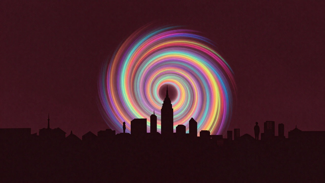 虹色のらせんが社会を覆い尽くすイラスト