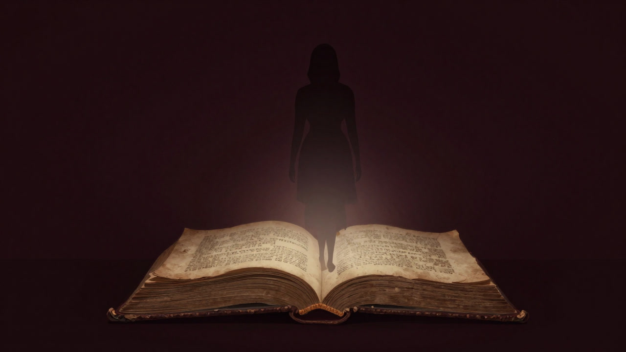 Silhouette of a spirit guide emerging from an ancient book page