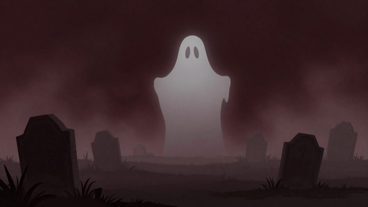 古びた墓場の霧がかった風景に浮かび上がる白い影のシルエット