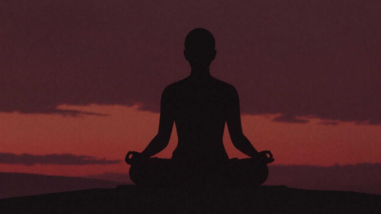 Silhouette of a person meditating against a sunset, symbolizing the quest for awakening within the mind