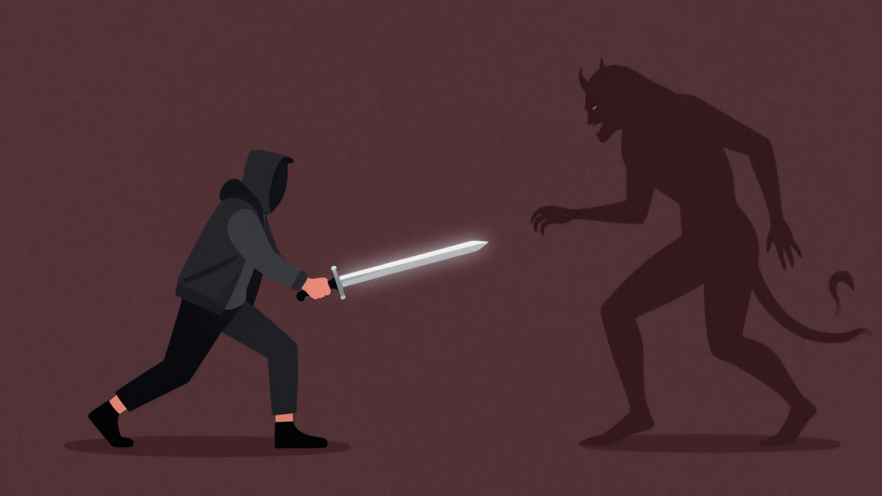 An illustration capturing a believer armed with a glowing sword charging full tilt at an imaginary demon, a moment of awkward heroism.