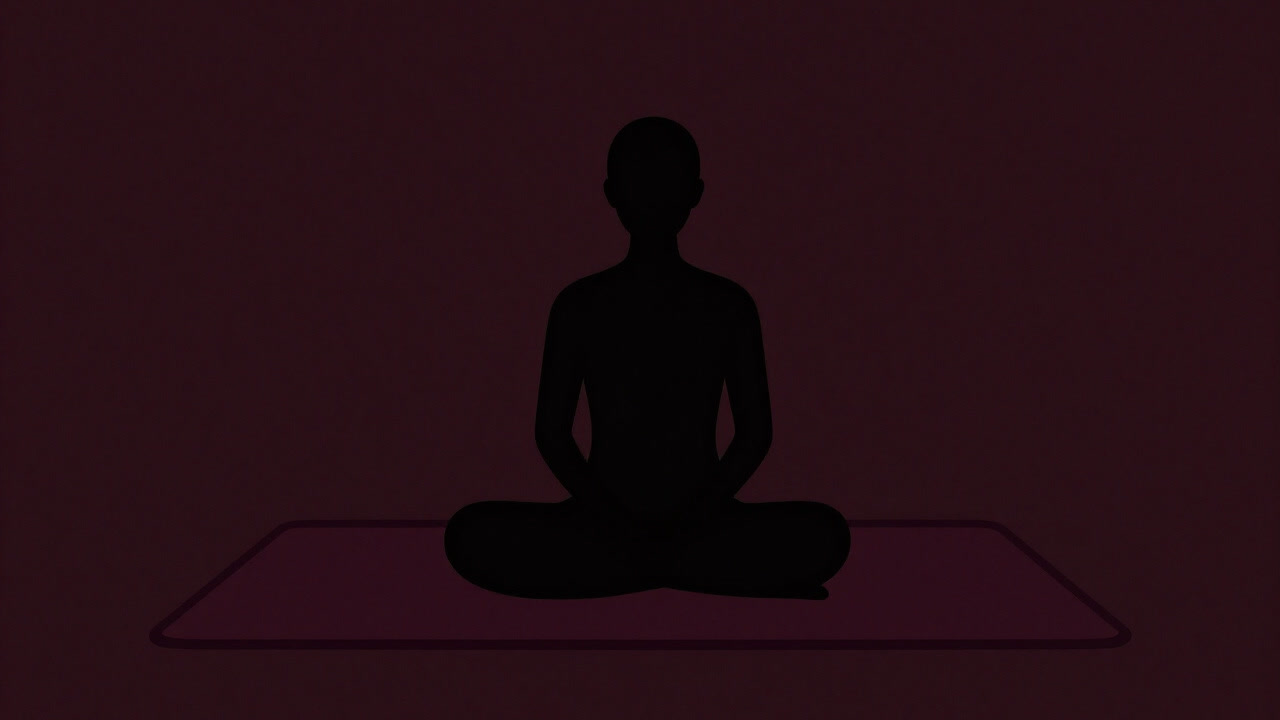 暗闇に浮かぶ瞑想マットと、無表情の顔を浮かべた人影のシルエットが幽玄な雰囲気を醸し出すイラスト