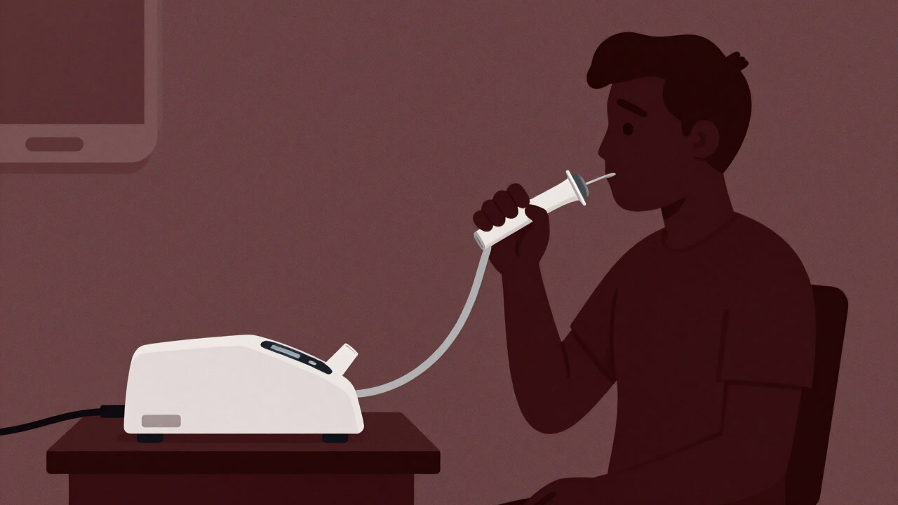 Silhouette of a worried patient blowing into a spirometry device