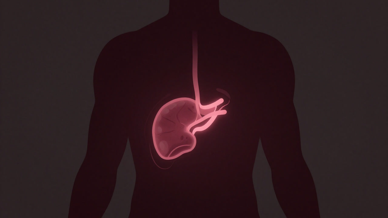 薄暗い腹部のシルエットに浮かぶ不気味な脾臓のイラスト