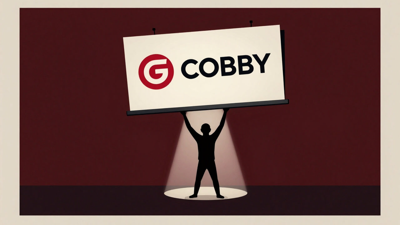 Image of a shadowy figure on stage carrying a massive logo billboard, silently supporting the star.