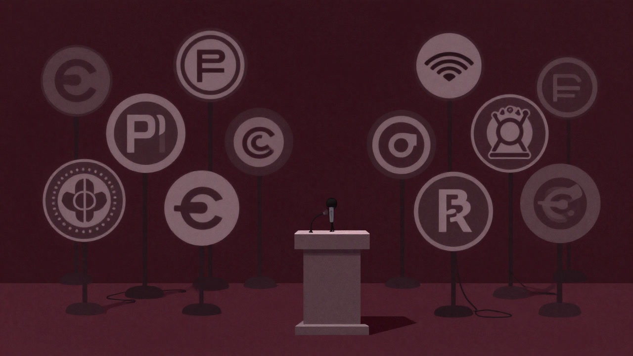 A speaker on a stage surrounded by countless corporate logos resembling a swarm of microphones