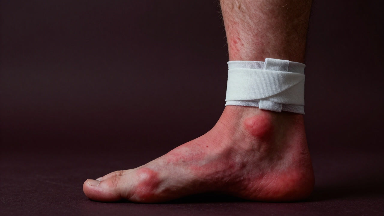 Photo looking up at a swollen red ankle from below