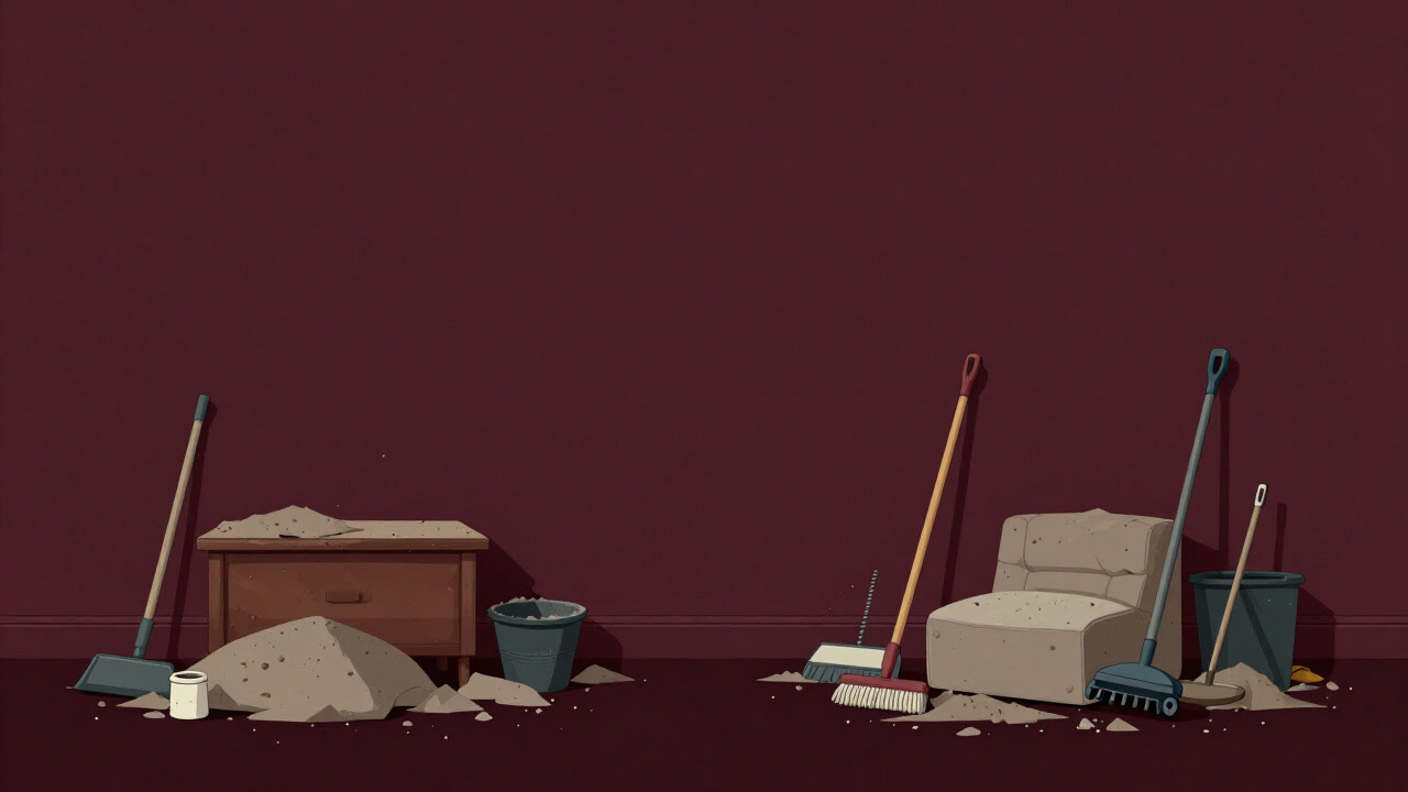 Illustration of spring cleaning tools peeking out from piles of dust-covered furniture and futons in a messy room.