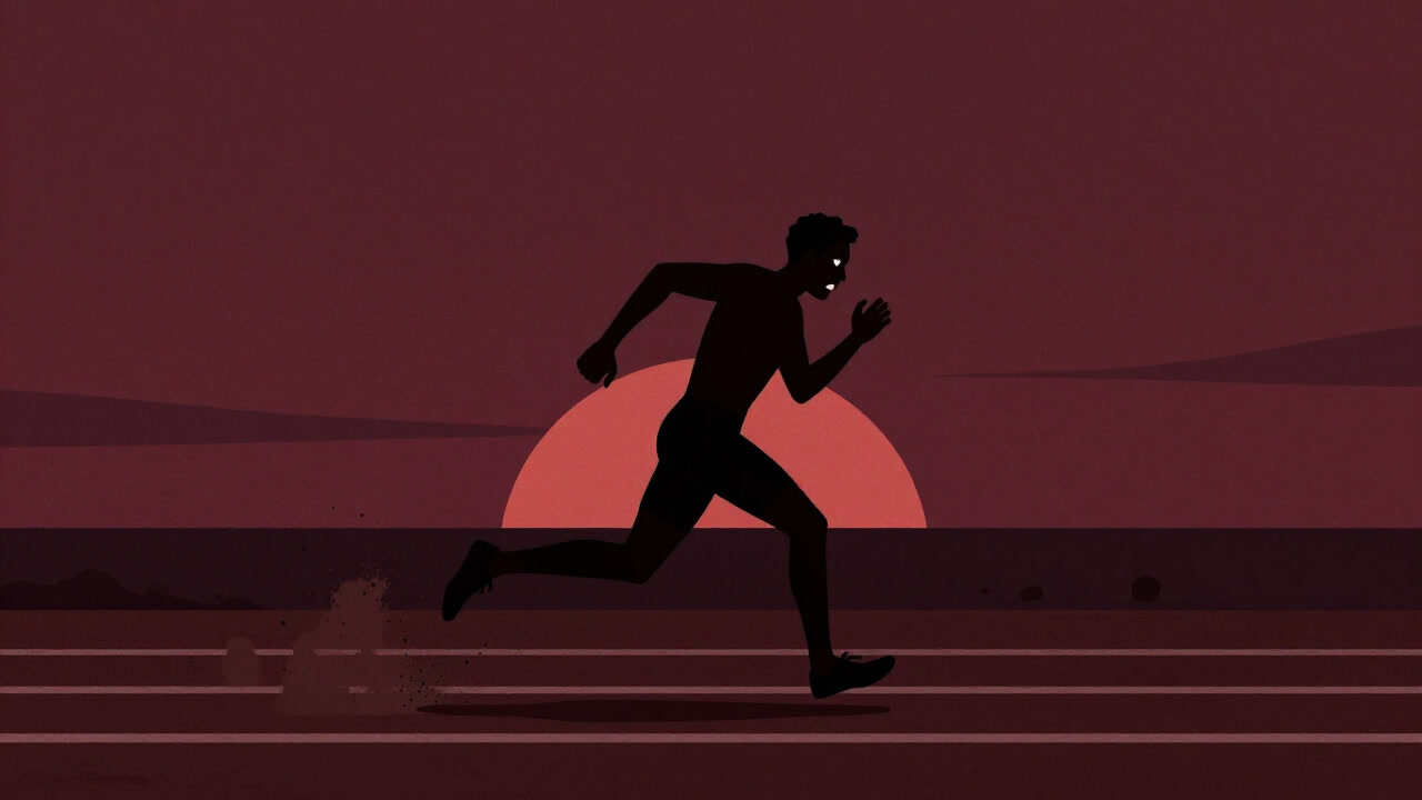 Silhouette of a figure on a dusty track sprinting with an expression of agony