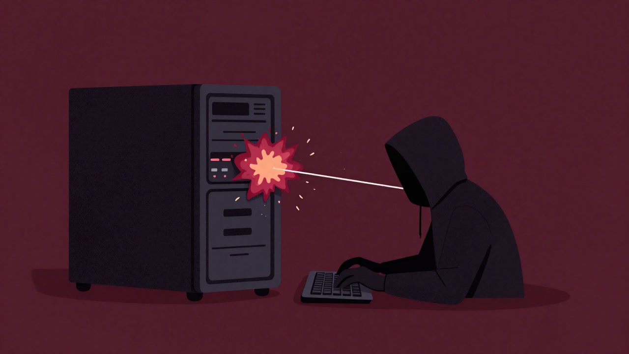 Image of a hand shooting a string bomb from a keyboard towards an exploding database