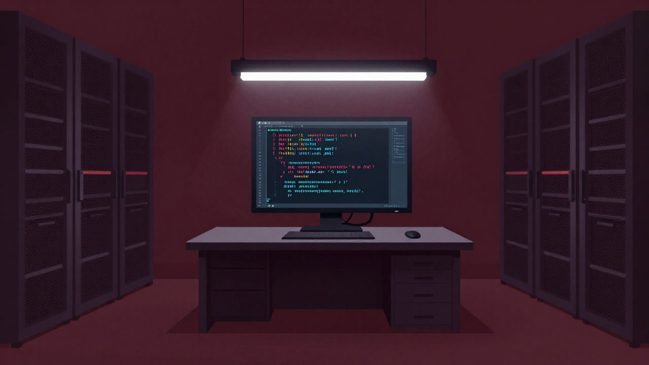 Image of a console screen filled with SQL statements, reflected by the cold lights of a server room in the background.